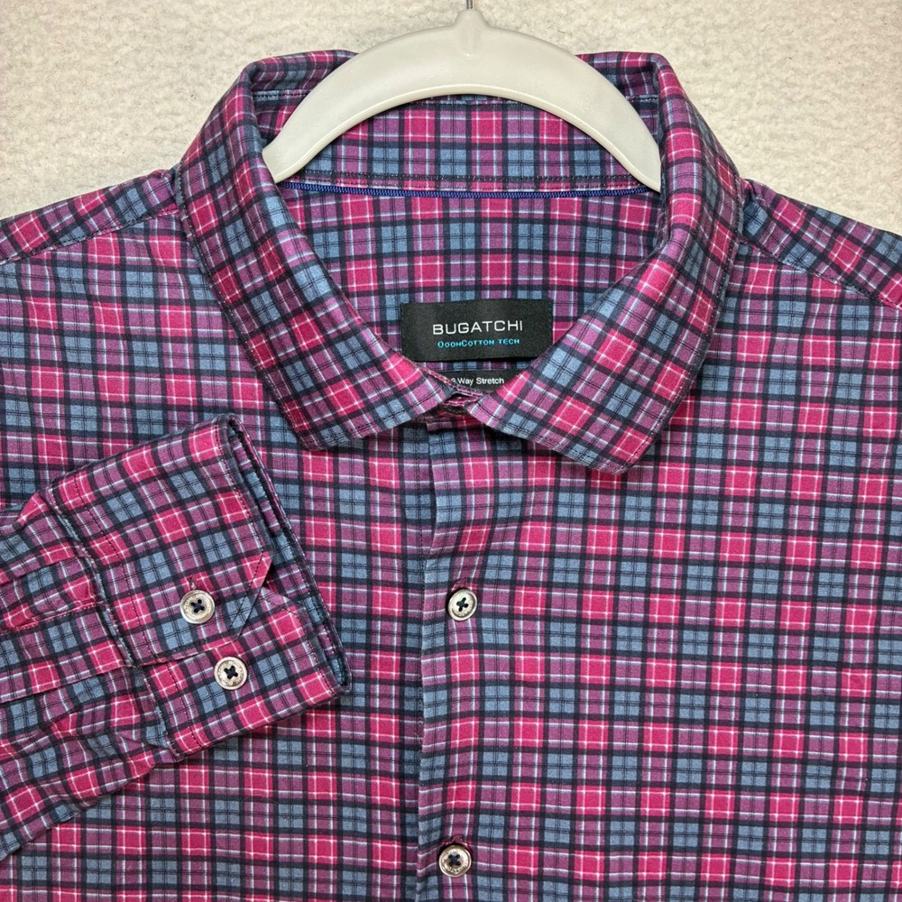 Bugatchi OoohCotton Tech 8 Way Stretch Button Shirt Men L Pink Plaid Casual